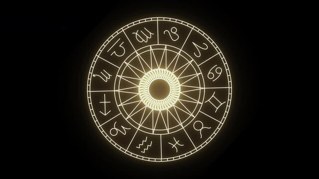 Horoscope animation with the signs of the zodiac. Astrological circle. Aquarius, Libra, Leo, Taurus, Cancer, Pisces, Virgo, Capricorn, Sagittarius, Aries, Gemini, Scorpio. Loop.