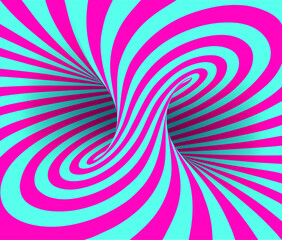 Vector illustration of torus inside view with geometrical hypnotic blue and pink  stripes in vaporwave style.