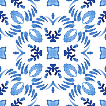 ceramic Seamless patchwork from Azulejo tiles. Portuguese and Spain decor in blue, white.