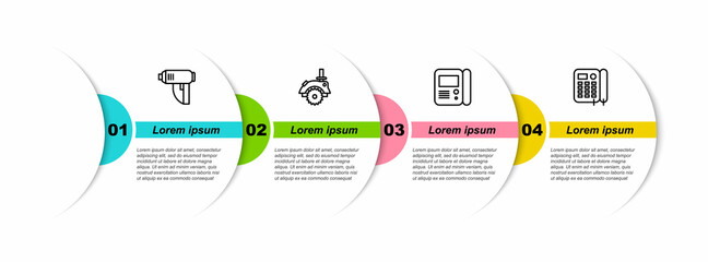 Set line Electric industrial dryer, circular saw, House intercom system and Telephone. Business infographic template. Vector