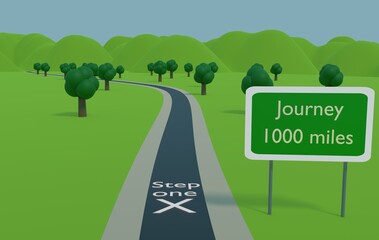 3D render of a road that goes through the hills with a sign in front of the viewer that says "Journey 1000 miles" and on the ground indicates step one as the first step