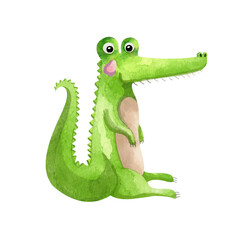 Green Cute Kids Crocodile Sitting with pink cheeks. Funny watercolor animal greeting card for children