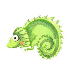 Green Cute Kids chameleon Sitting with pink cheeks. Funny watercolor animal greeting card for children