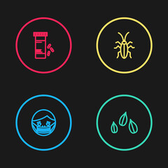 Set line Face in protective mask, Sesame seeds, Cockroach and Medicine bottle and pills icon. Vector