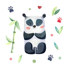 Cute Kids panda bear Sitting with pink cheeks among green bamboo leaves. Funny watercolor animal greeting card
