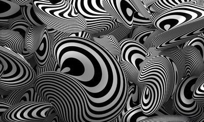 Abstract 3d illustration rendering background of falling black and white striped deformed balls.