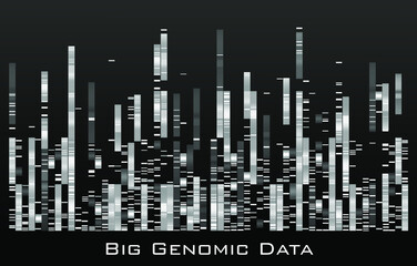 Big Genomic Data in Bioinformatics Cloud. Vector graphic template of greyscale monochromatic big genomic data visualization, DNA test and genome map sequence.