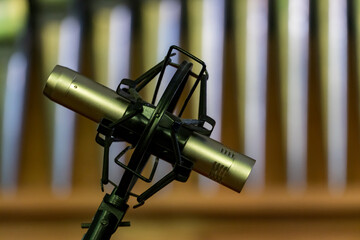 A close-up microphone installed on a special platform. Recording of voice or sounds of nature.