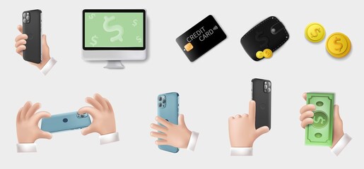 Smartphone in your hand concept. Different various economic icons, money, credit cards. The layout of the universal device. A set of vector smartphones in your hand. 3D realistic phones, template