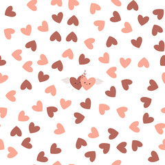 Fototapeta na wymiar Simple hearts seamless vector pattern. Valentines day background. Flat design endless chaotic texture made of tiny heart silhouettes. Shades of red.