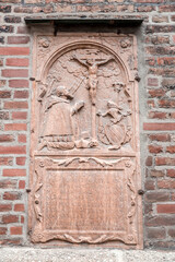 Medieval stone script and carvings on the exterior of Frauenkirche in Munich