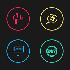 Set line Information, Clock 24 hours, Speech bubble with phone call and Open mail box icon. Vector