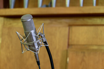 Professional studio condenser microphone in spider. Condenser microphone connect to cable....