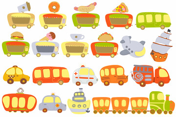 Vector set of urban transport. Street food truck, police car, ambulance, fire truck, plane, cab, train, ship, school bus. Hand drawing, isolate. For print, web design.
