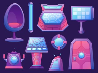 Cartoon spaceship control panels, chair, door and porthole. Futuristic furniture. Cosmic ship digital cockpit. Game space station vector set © Tartila