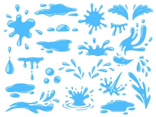 Cartoon water splashes, falling rain drops, waves and spill. Fresh aqua stream, puddles and splats. Nature blue liquid form icons vector set
