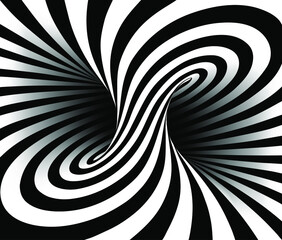 Black and white vector illustration of mobius torus inside view with geometrical hypnotic twisting striped lines. 