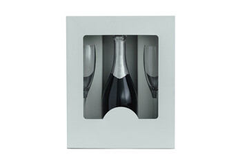 A bottle of champagne and two glasses in cardboard box. White isolate.
