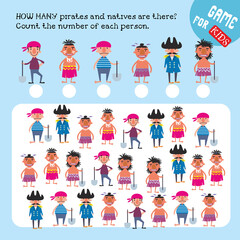 How many pirates and natives are there. Count the number of each person. Game for children. Math worksheet for kids. Vector color illustration. 