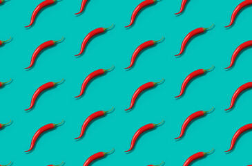 Seamless pattern of red chili pepper on pastel blue background. Flat lay minimal concept design illustration.