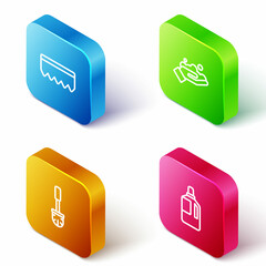 Set Isometric line Sponge with bubbles, Washing hands soap, Toilet brush and Fabric softener icon. Vector