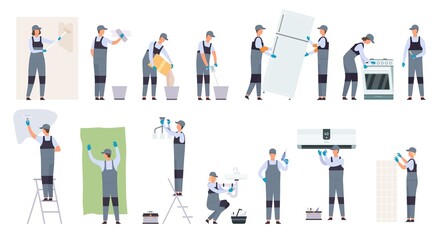 House renovation, construction, handyman service and appliances repair worker. Home masters, loader, plasterer, plumber and tiler vector set