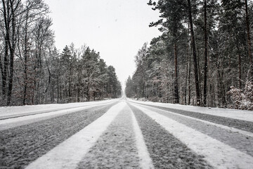 pusta droga  asfaltowa między drzewami zimą