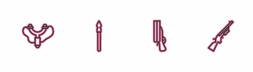 Set line Slingshot, Shotgun, Medieval spear and icon. Vector