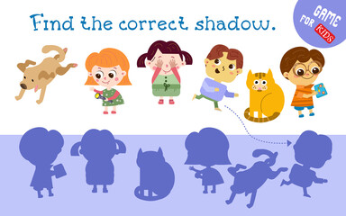 Find the correct shadow. Children and pets. Game for kids. Activities, vector illustration.