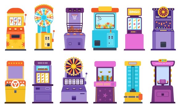 Cartoon casino gambling slot machines and fortune wheels. Racing arcade game, high striker and toy claw. Jackpot winning machine vector set