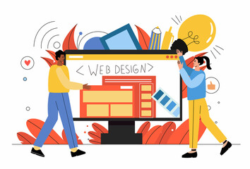 A man and a woman are web designers. Web design, computer monitor. Design elements on a computer monitor. Vector illustration