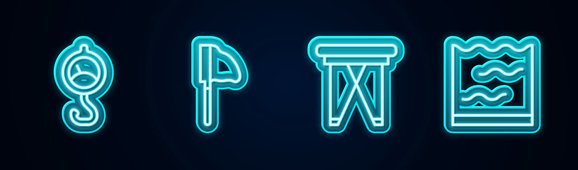 Set line Spring scale, Fishing net with fish, Folding chair and Aquarium. Glowing neon icon. Vector