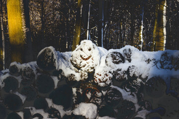 Schnee Smiley im Holzstapel