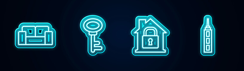 Set line Sofa, House key, under protection and Skyscraper. Glowing neon icon. Vector