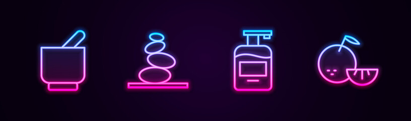 Set line Mortar and pestle, Stack hot stones, Bottle of liquid soap and Citrus fruit. Glowing neon icon. Vector