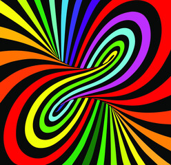 Vector illustration of torus inside view with geometrical hypnotic psychedelic colorful stripes on black background.