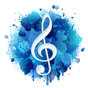White Treble clef on Blue spray paint with abstract splatter color background.