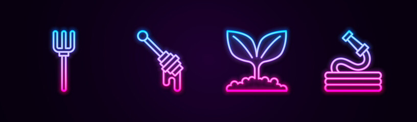 Set line Garden pitchfork, Honey dipper stick, Plant and hose. Glowing neon icon. Vector