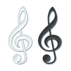 Set of White and Black Treble clef, music violin clef sign. Paper icon with shadow