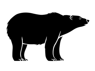 Black silhouette of a bear on a white background. Forest predator. Symbol and sign. Animals in the wild. Vector isolated illustration hand drawn