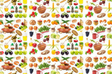 Big seamless pattern of various healthy products isolated on white