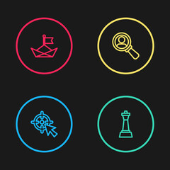 Set line Target, Chess, Magnifying glass for search and Folded paper boat icon. Vector