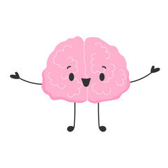 Brain character. Happy cartoon cute brain with face. Internal human organs. Stock vector illustration isolated on white background.