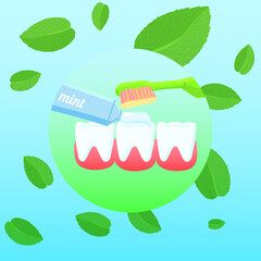 Tube of toothpaste electric toothbrush healthy white teeth, close-up, mint leaves in the background. Vector holiday illustration of dentist day. For the decoration of advertised posters of dental clin