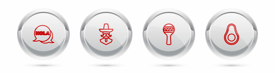 Set line Hola, Mexican man sombrero, Maracas and Avocado fruit. Silver circle button. Vector © vector_v