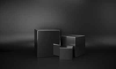 3D illustration and rendering concept backdrop of studio shooting set up of dark background and a three shining black cube pedestals of various sizes.  © Rrose Selavy