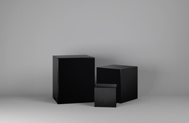 3D illustration and rendering concept backdrop of studio shooting set up of monochrome grey background and three black cube pedestals of various dimensions. 