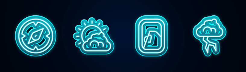 Set line Compass, Sun and cloud weather, Airplane window and Storm. Glowing neon icon. Vector