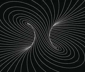Black and white vector illustration of mobius torus inside view with geometrical hypnotic twisting white lines on black background.