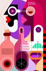 Gordijnen Mensen Bij Een Cocktailparty. Twee mensen met cocktail en twee flessen alcoholische drank. Mooie vrouwen dragen flessen cognac en wijn naar een cocktailparty. Moderne kunst vectorillustratie. ©  danjazzia